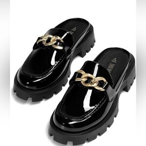 Black mule flat loafers shiny